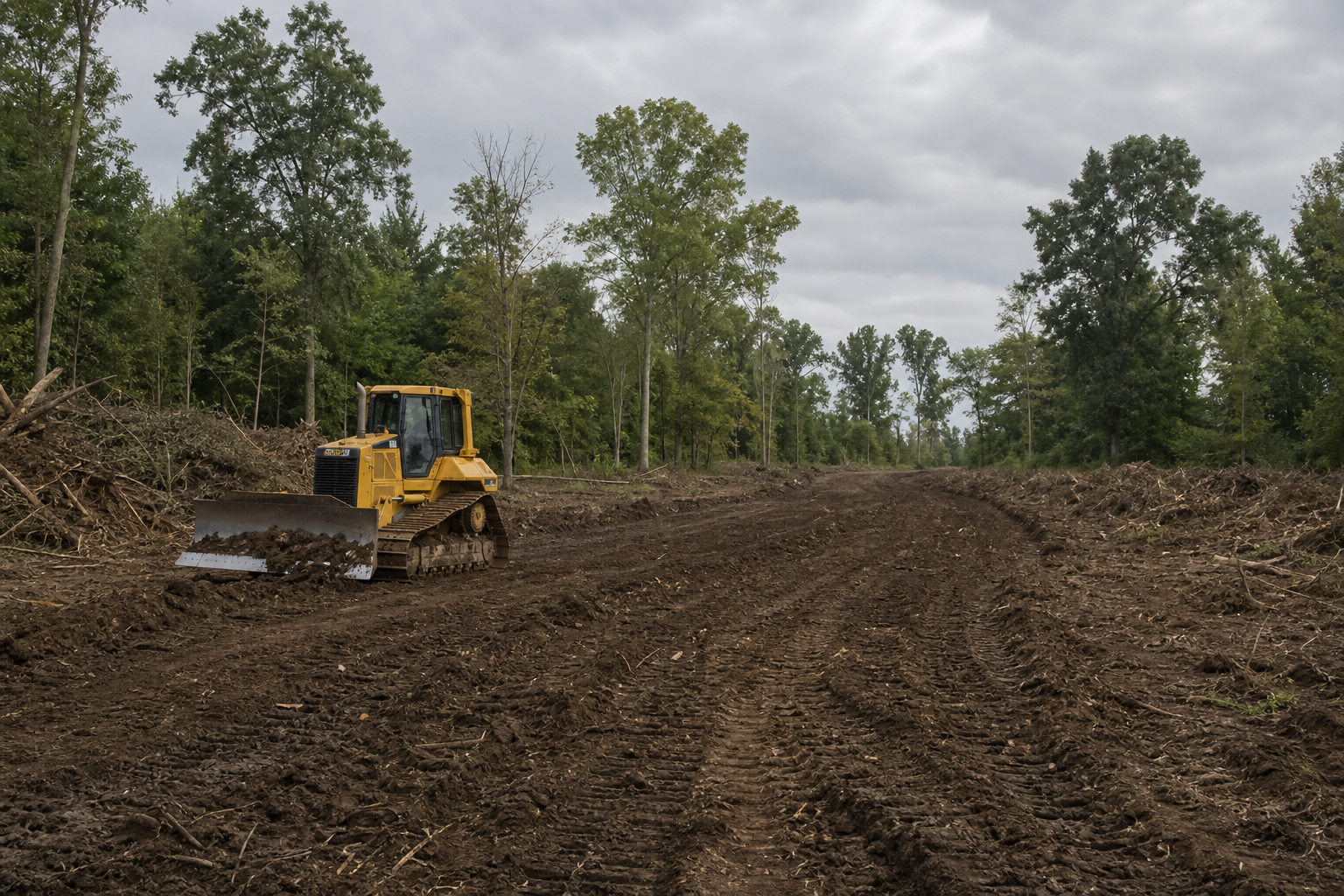 Dozer clearing and grading a rural wooded lot with fresh track marks.