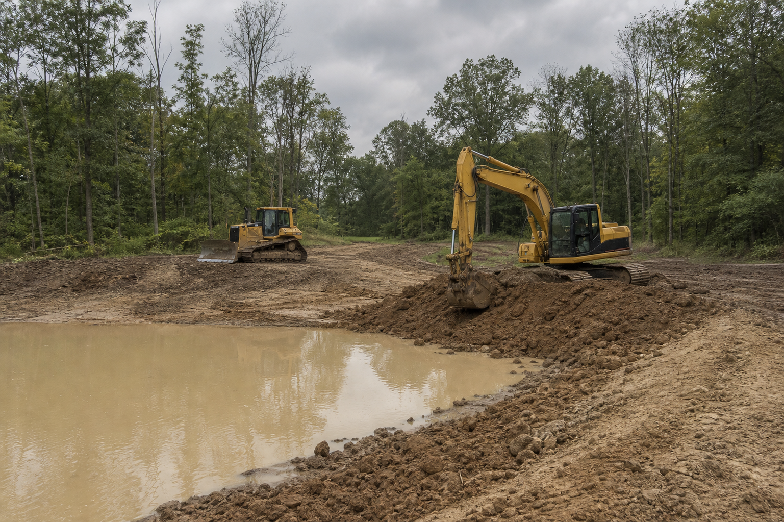 Excavator and dozer working around a muddy pond and drainage excavation site.