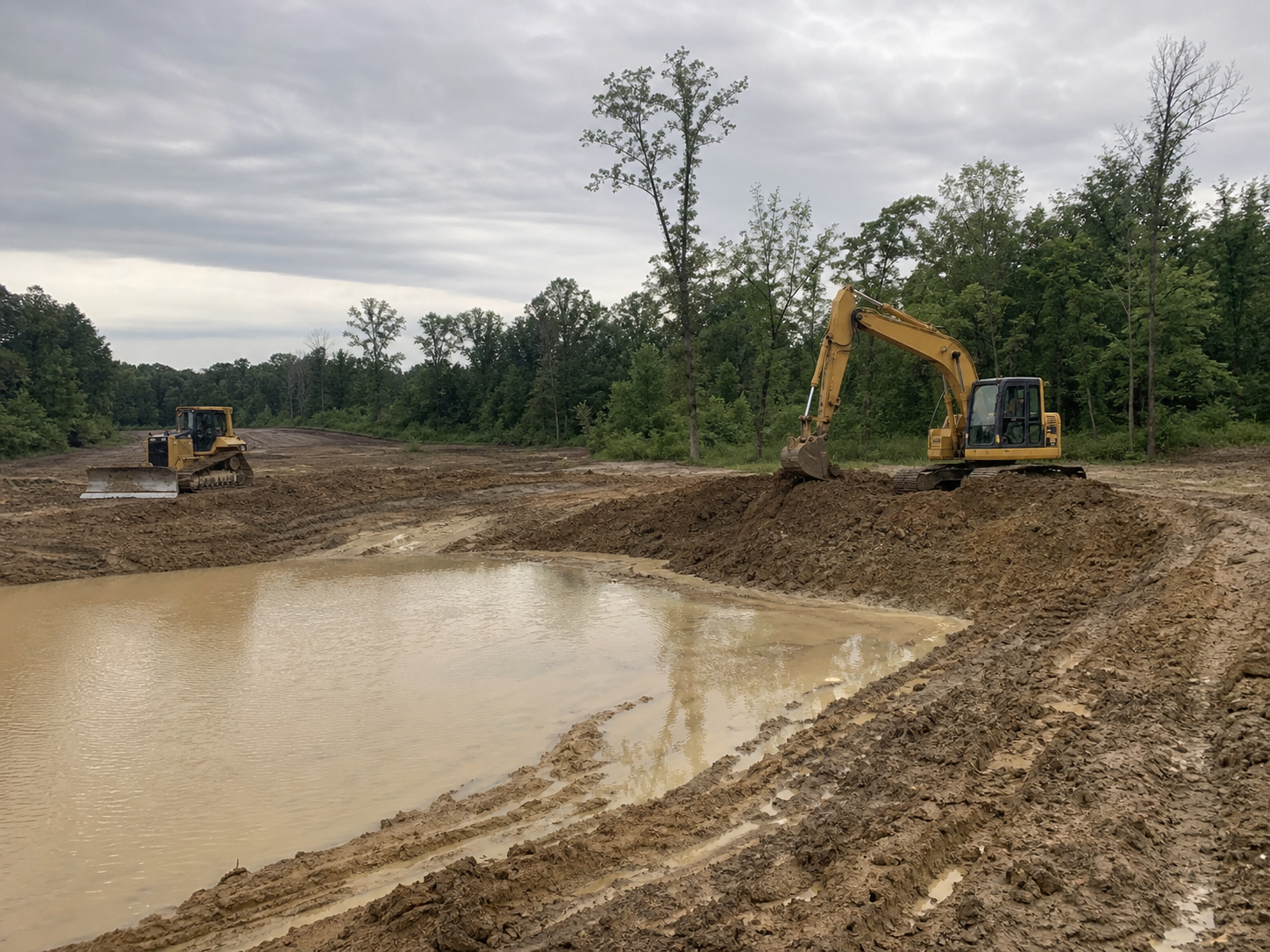 Rural pond excavation with muddy banks, track marks, and heavy equipment.